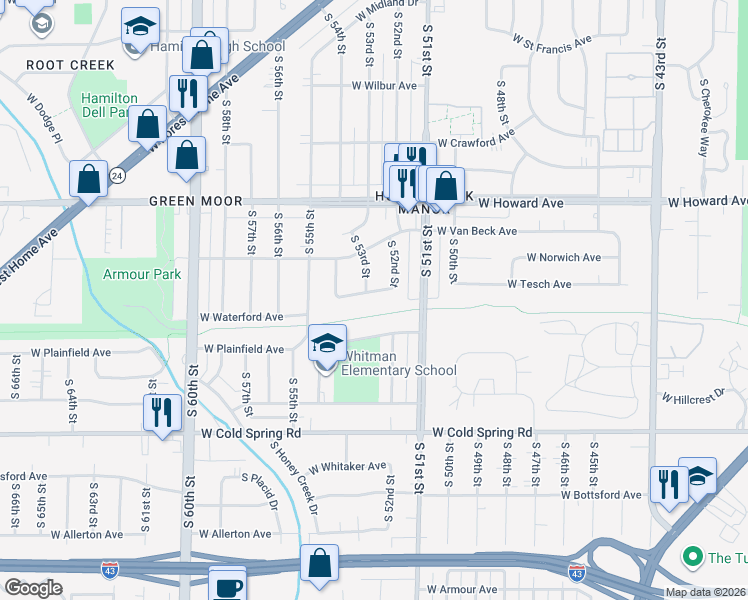 map of restaurants, bars, coffee shops, grocery stores, and more near 5313 West Tesch Avenue in Milwaukee