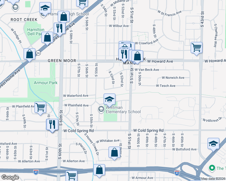 map of restaurants, bars, coffee shops, grocery stores, and more near 5313 West Tesch Avenue in Milwaukee