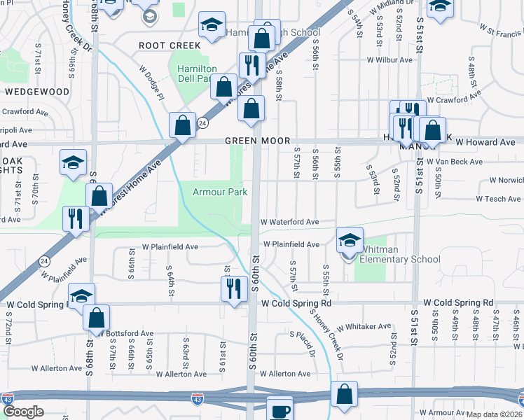 map of restaurants, bars, coffee shops, grocery stores, and more near 4071 South 58th Street in Greenfield