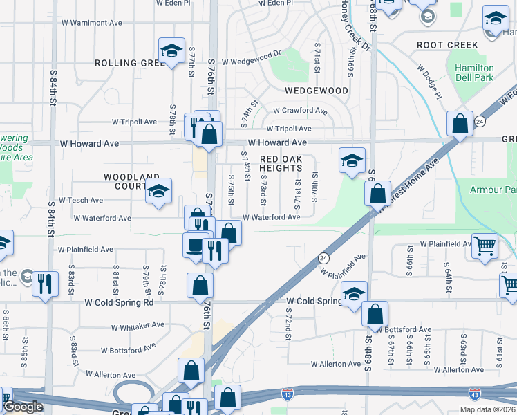 map of restaurants, bars, coffee shops, grocery stores, and more near 4059 South 73rd Street in Milwaukee