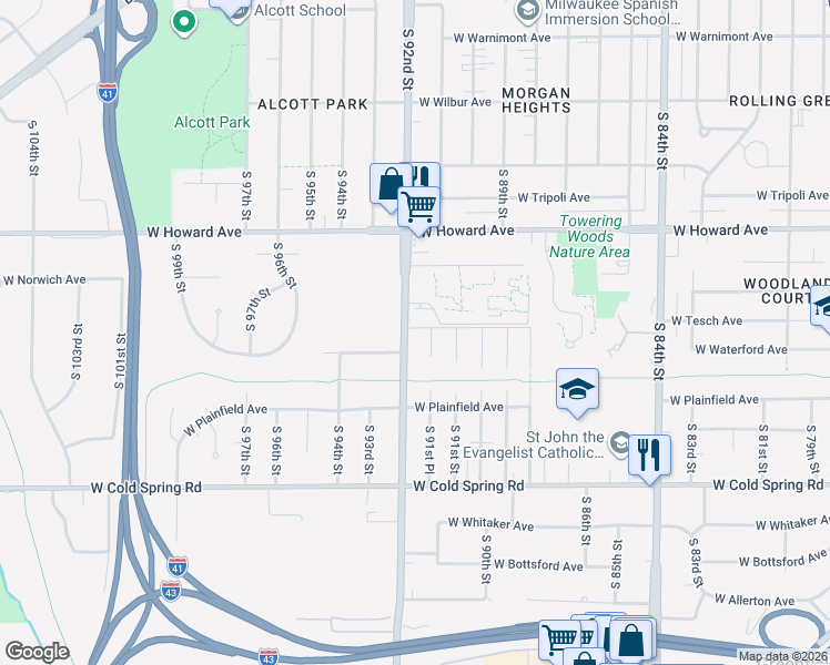 map of restaurants, bars, coffee shops, grocery stores, and more near 4024 South 92nd Street in Greenfield
