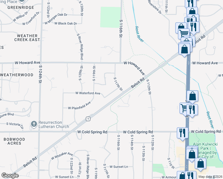 map of restaurants, bars, coffee shops, grocery stores, and more near 11736 West Waterford Avenue in Greenfield