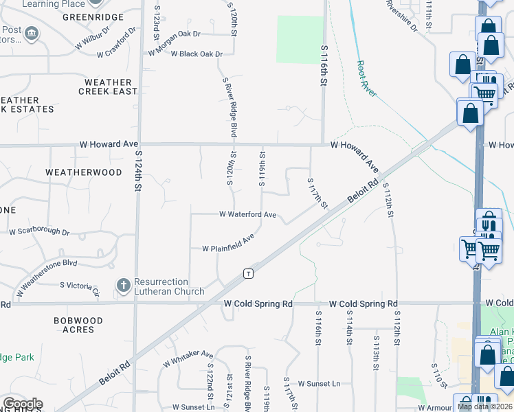 map of restaurants, bars, coffee shops, grocery stores, and more near 11920 West Waterford Avenue in Greenfield