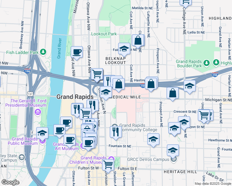 map of restaurants, bars, coffee shops, grocery stores, and more near 35 Michigan Street Northeast in Grand Rapids