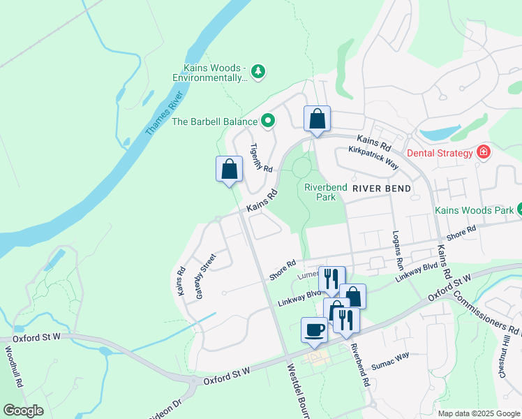 map of restaurants, bars, coffee shops, grocery stores, and more near 2295a Kains Road in London