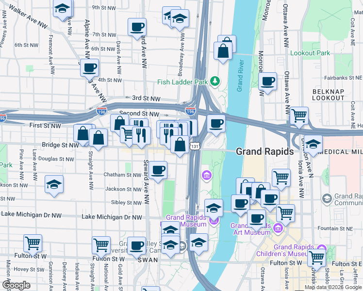 map of restaurants, bars, coffee shops, grocery stores, and more near 415 Bridge Street Northwest in Grand Rapids