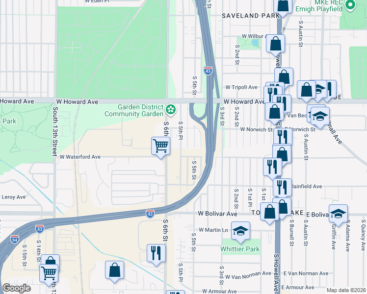 map of restaurants, bars, coffee shops, grocery stores, and more near 4054 South 5th Place in Milwaukee