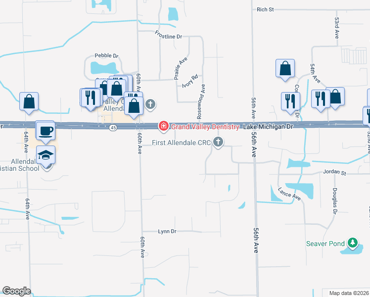 map of restaurants, bars, coffee shops, grocery stores, and more near 5842 Country View Drive in Allendale Charter Township