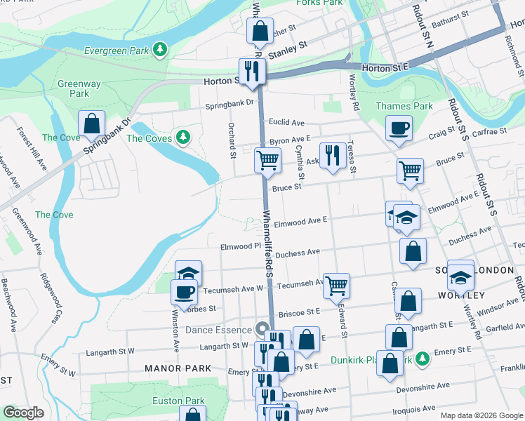 map of restaurants, bars, coffee shops, grocery stores, and more near 201 Wharncliffe Road South in London