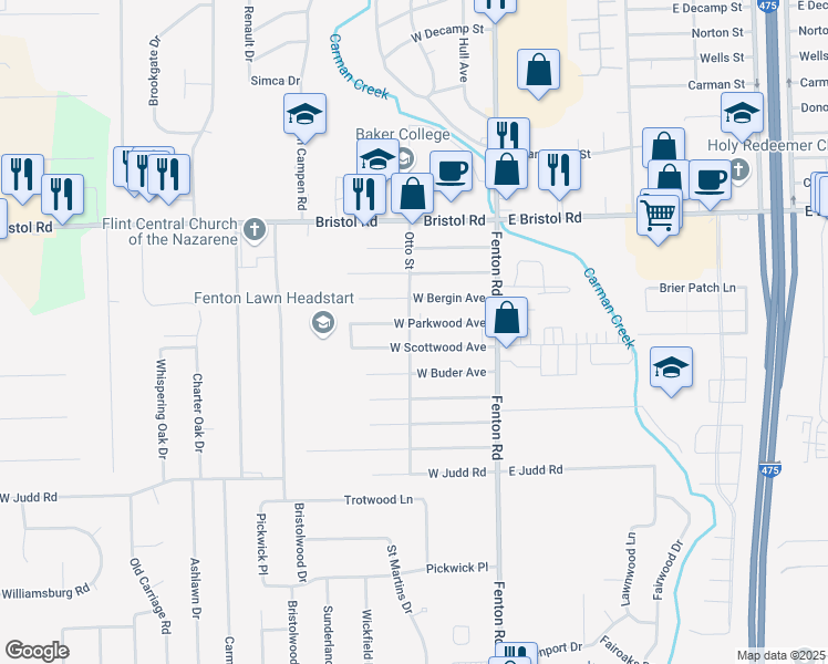 map of restaurants, bars, coffee shops, grocery stores, and more near 1085 West Parkwood Avenue in Flint