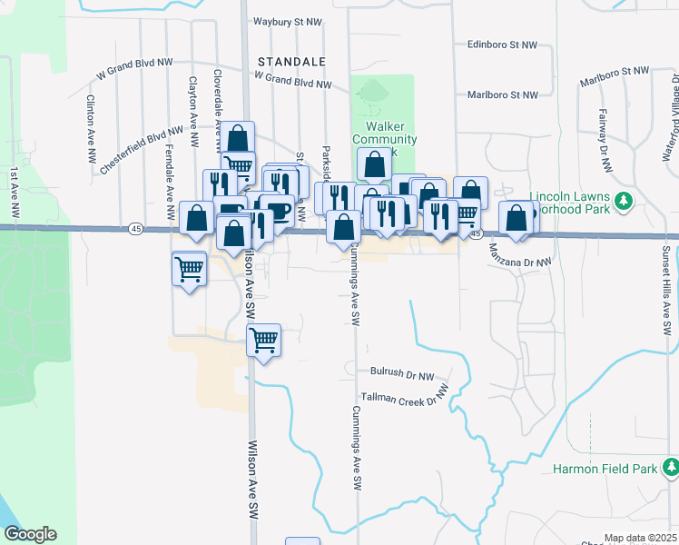 map of restaurants, bars, coffee shops, grocery stores, and more near 319 Cummings Avenue Northwest in Walker