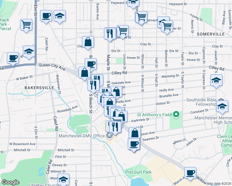 map of restaurants, bars, coffee shops, grocery stores, and more near 75 Holly Avenue in Manchester