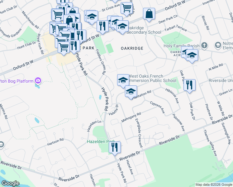 map of restaurants, bars, coffee shops, grocery stores, and more near 1041 Valetta Street in London