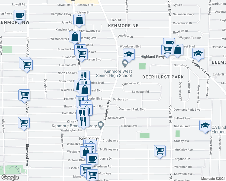 map of restaurants, bars, coffee shops, grocery stores, and more near Delaware Road & East Girard Boulevard in Buffalo
