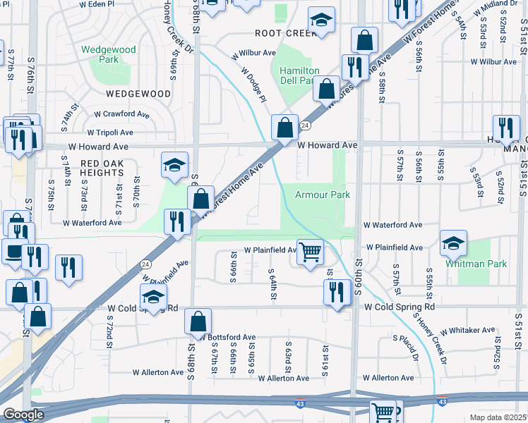 map of restaurants, bars, coffee shops, grocery stores, and more near 4060 South 65th Street in Greenfield