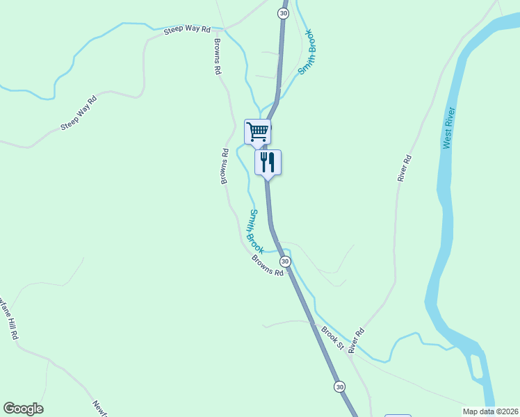 map of restaurants, bars, coffee shops, grocery stores, and more near 373 Vermont 30 in Newfane