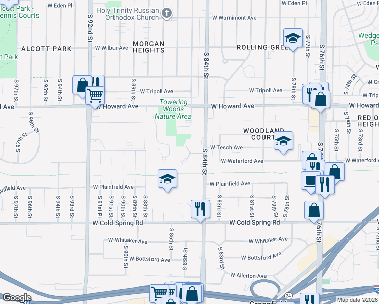 map of restaurants, bars, coffee shops, grocery stores, and more near 8565 West Waterford Avenue in Greenfield