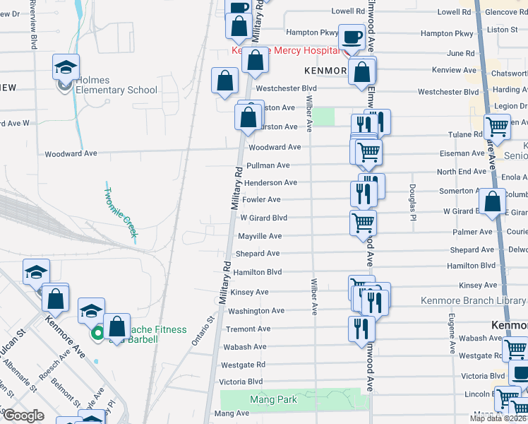 map of restaurants, bars, coffee shops, grocery stores, and more near 374 West Girard Boulevard in Buffalo