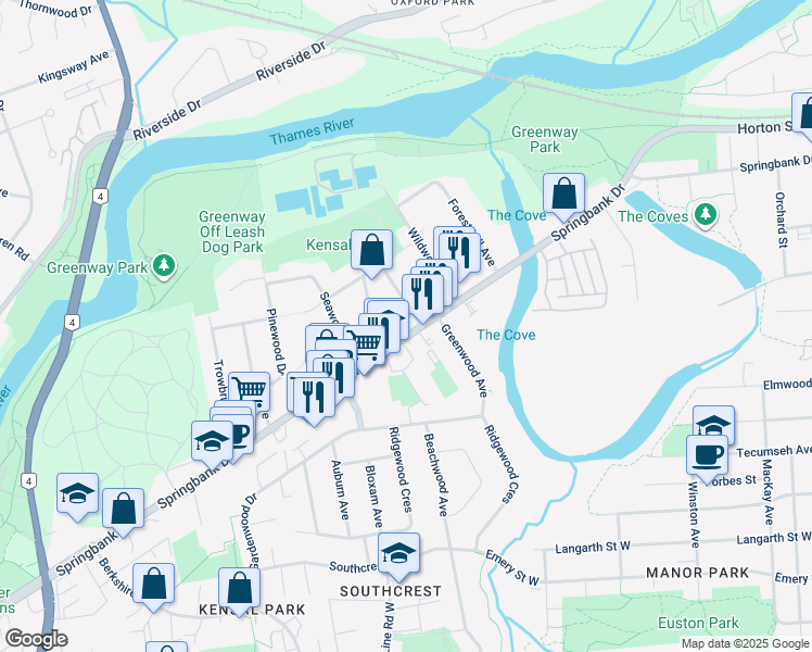 map of restaurants, bars, coffee shops, grocery stores, and more near 327 Springbank Drive in London