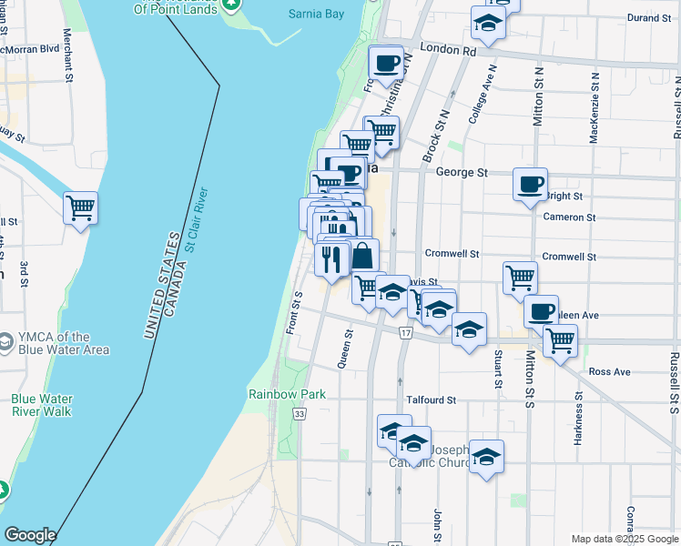 map of restaurants, bars, coffee shops, grocery stores, and more near 100 Christina Street North in Sarnia