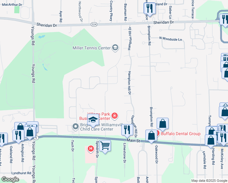map of restaurants, bars, coffee shops, grocery stores, and more near 290 Northill Dr in Erie County