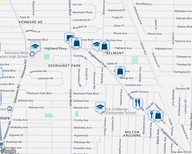 map of restaurants, bars, coffee shops, grocery stores, and more near 32 Belmont Avenue in Buffalo