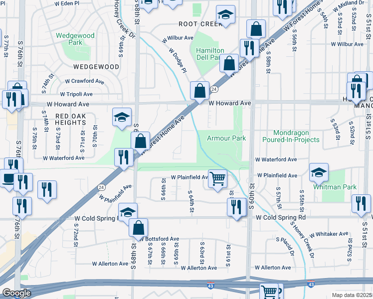 map of restaurants, bars, coffee shops, grocery stores, and more near 6425 West Norwich Avenue in Greenfield
