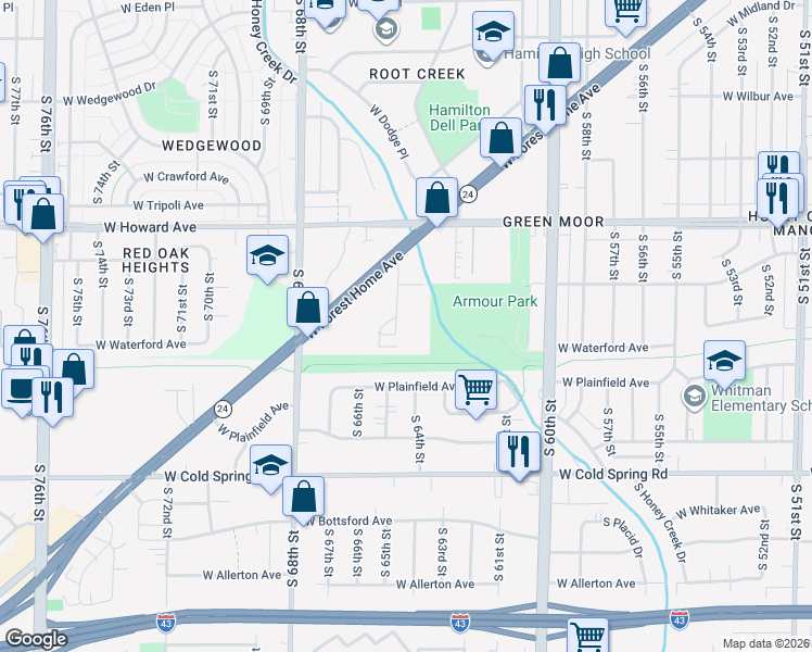 map of restaurants, bars, coffee shops, grocery stores, and more near 4085 South 65th Street in Greenfield