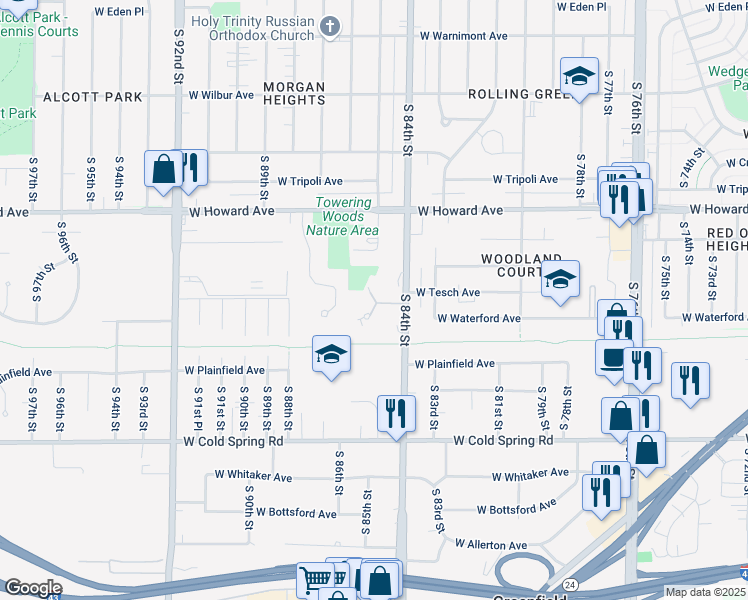 map of restaurants, bars, coffee shops, grocery stores, and more near 8565 West Waterford Avenue in Greenfield
