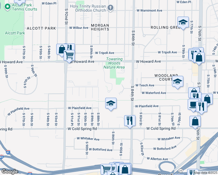 map of restaurants, bars, coffee shops, grocery stores, and more near 3983 South Prairie Hill Lane in Greenfield