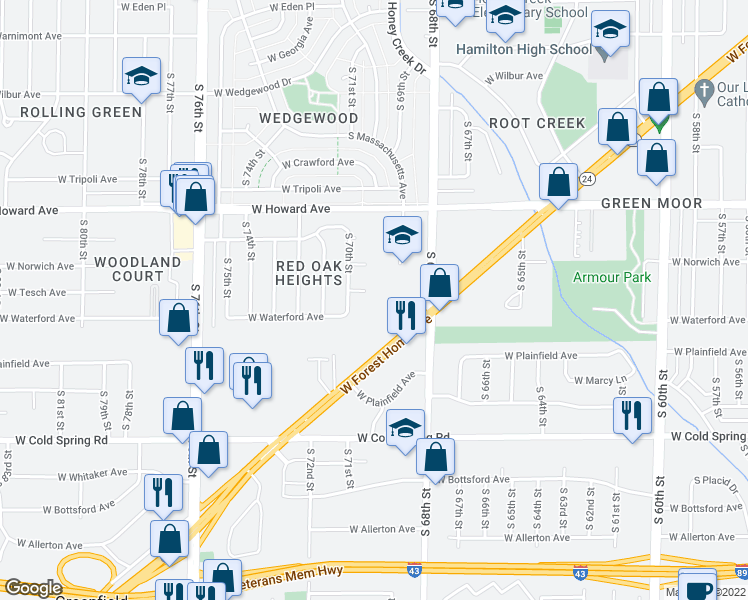 map of restaurants, bars, coffee shops, grocery stores, and more near 6945 West Tesch Avenue in Milwaukee