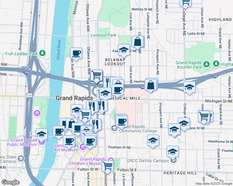 map of restaurants, bars, coffee shops, grocery stores, and more near 35 Michigan Street Northeast in Grand Rapids
