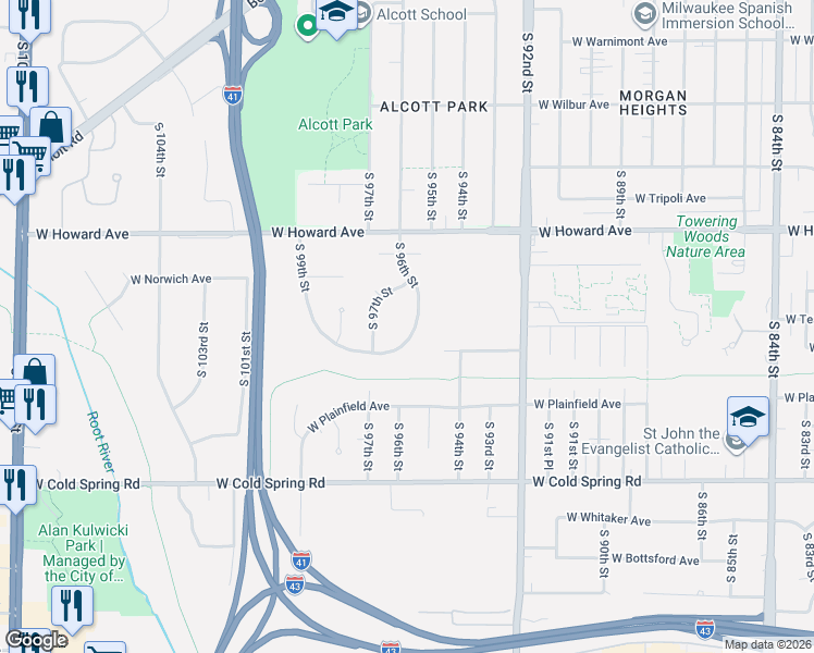 map of restaurants, bars, coffee shops, grocery stores, and more near 4066 South 96th Street in Greenfield