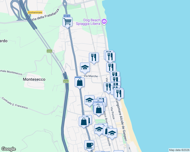 map of restaurants, bars, coffee shops, grocery stores, and more near 38 Via Marche in Grottammare