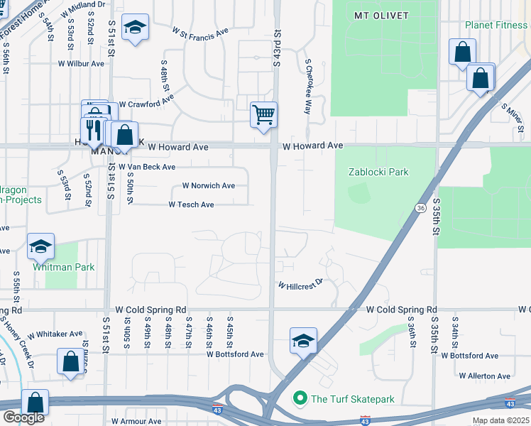 map of restaurants, bars, coffee shops, grocery stores, and more near 4023 South 43rd Street in Greenfield