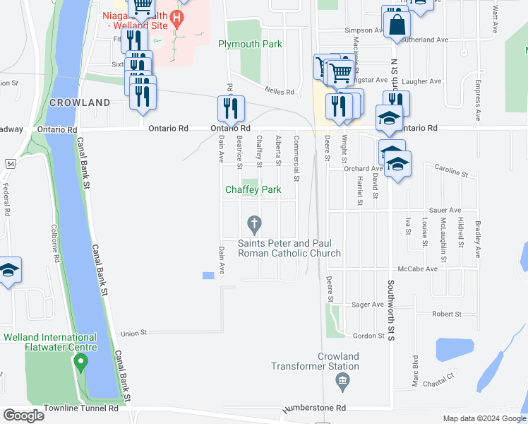 map of restaurants, bars, coffee shops, grocery stores, and more near 229 Chaffey Street in Welland