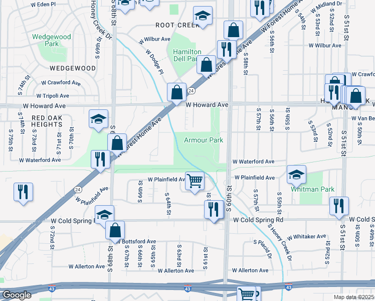 map of restaurants, bars, coffee shops, grocery stores, and more near 6105 West Norwich Avenue in Milwaukee
