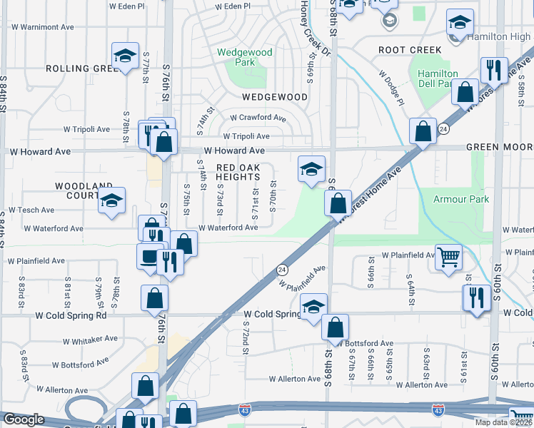 map of restaurants, bars, coffee shops, grocery stores, and more near 4067 South 70th Street in Milwaukee