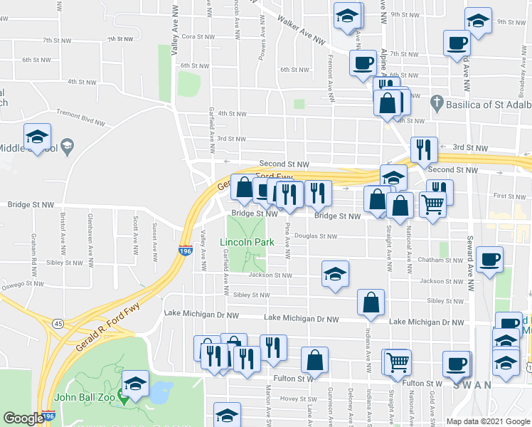 map of restaurants, bars, coffee shops, grocery stores, and more near Bridge St NW & Marion Ave NW in Grand Rapids