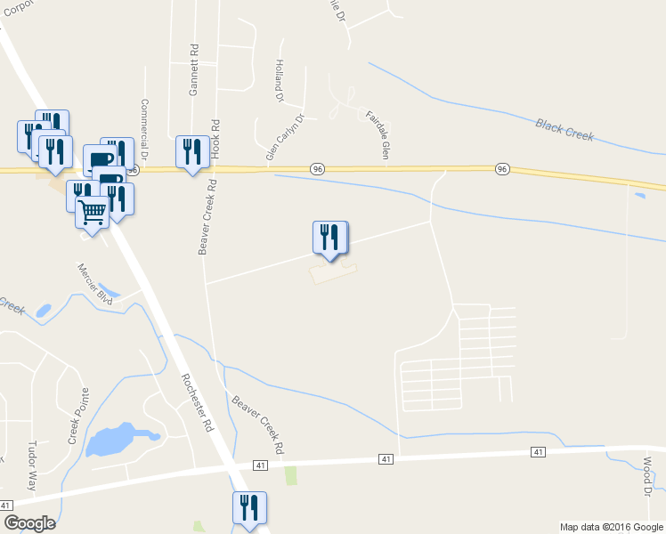 map of restaurants, bars, coffee shops, grocery stores, and more near 5857 New York 96 in Farmington