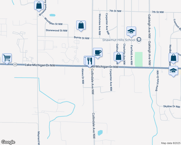 map of restaurants, bars, coffee shops, grocery stores, and more near 340 Collindale Avenue Northwest in Grand Rapids