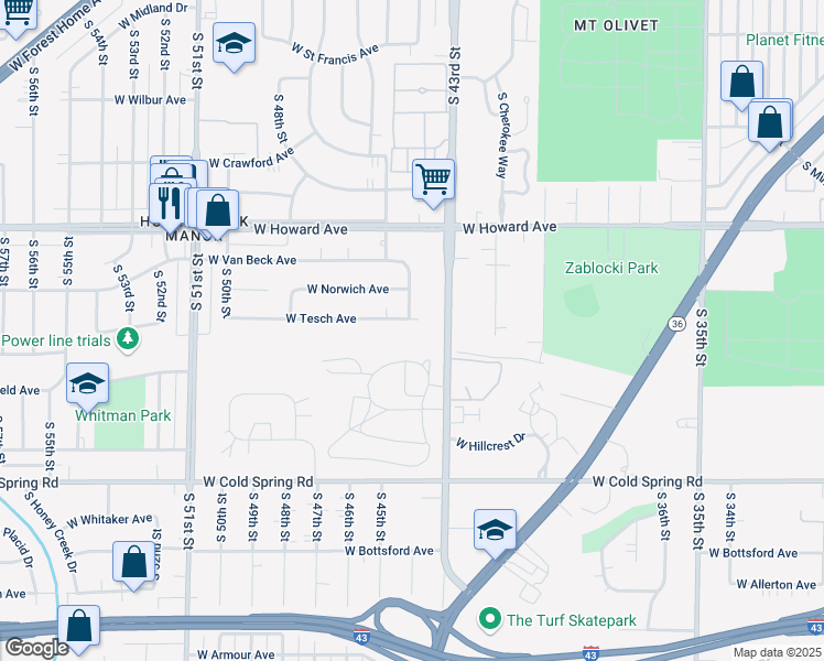 map of restaurants, bars, coffee shops, grocery stores, and more near 4023 South 43rd Street in Greenfield