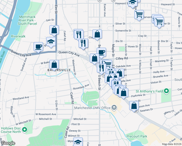 map of restaurants, bars, coffee shops, grocery stores, and more near 18 Claremont Street in Manchester