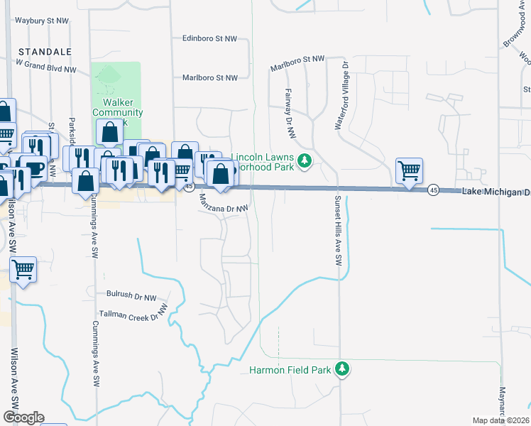 map of restaurants, bars, coffee shops, grocery stores, and more near 273 Rolling Greene Drive Northwest in Grand Rapids