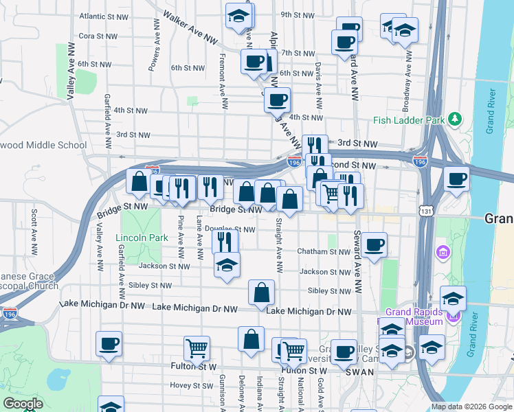 map of restaurants, bars, coffee shops, grocery stores, and more near 831 Bridge Street Northwest in Grand Rapids
