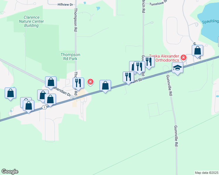 map of restaurants, bars, coffee shops, grocery stores, and more near 9345-9353 Main Street in Clarence