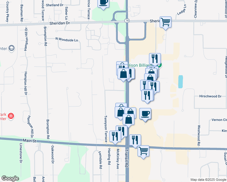 map of restaurants, bars, coffee shops, grocery stores, and more near 177 Tennyson Terrace in Buffalo