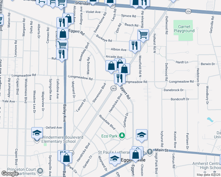 map of restaurants, bars, coffee shops, grocery stores, and more near 577 Grover Cleveland Highway in Buffalo