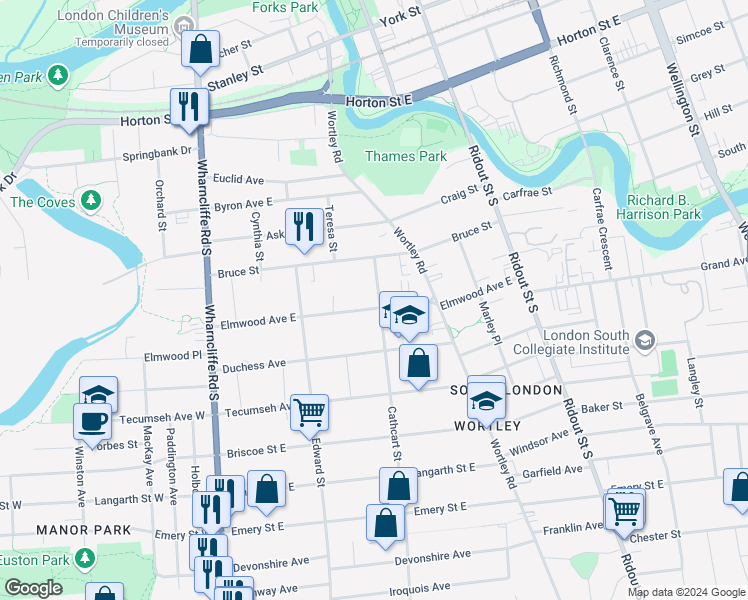 map of restaurants, bars, coffee shops, grocery stores, and more near 115 Elmwood Avenue East in London