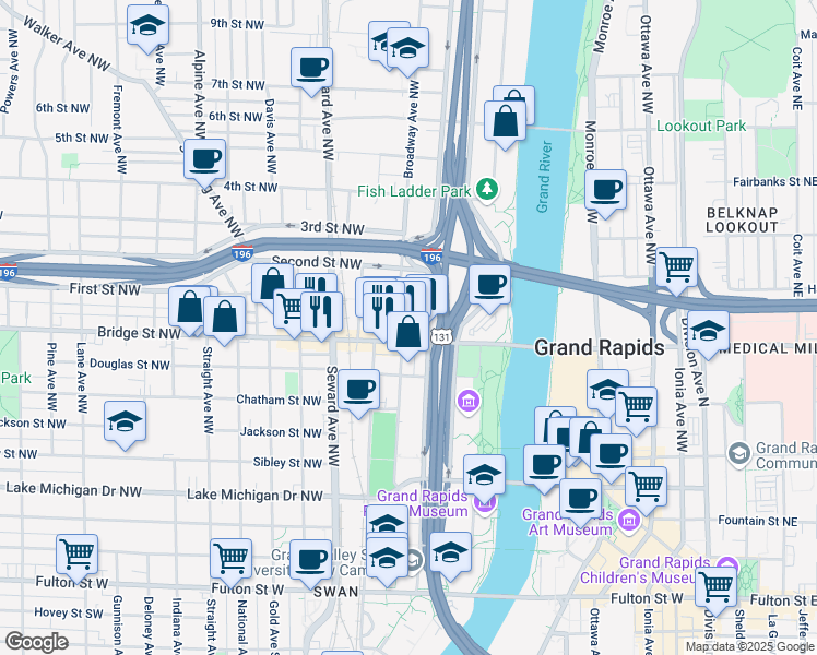 map of restaurants, bars, coffee shops, grocery stores, and more near 428 Bridge Street Northwest in Grand Rapids